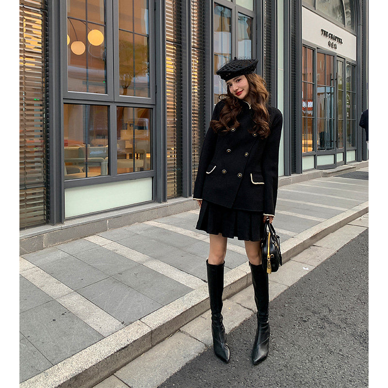 ZHUYIYI黑色100羊毛双面呢外套女小香风半裙两件套高级感呢子套装,淘宝优惠券,粉丝福利购,淘宝优惠卷