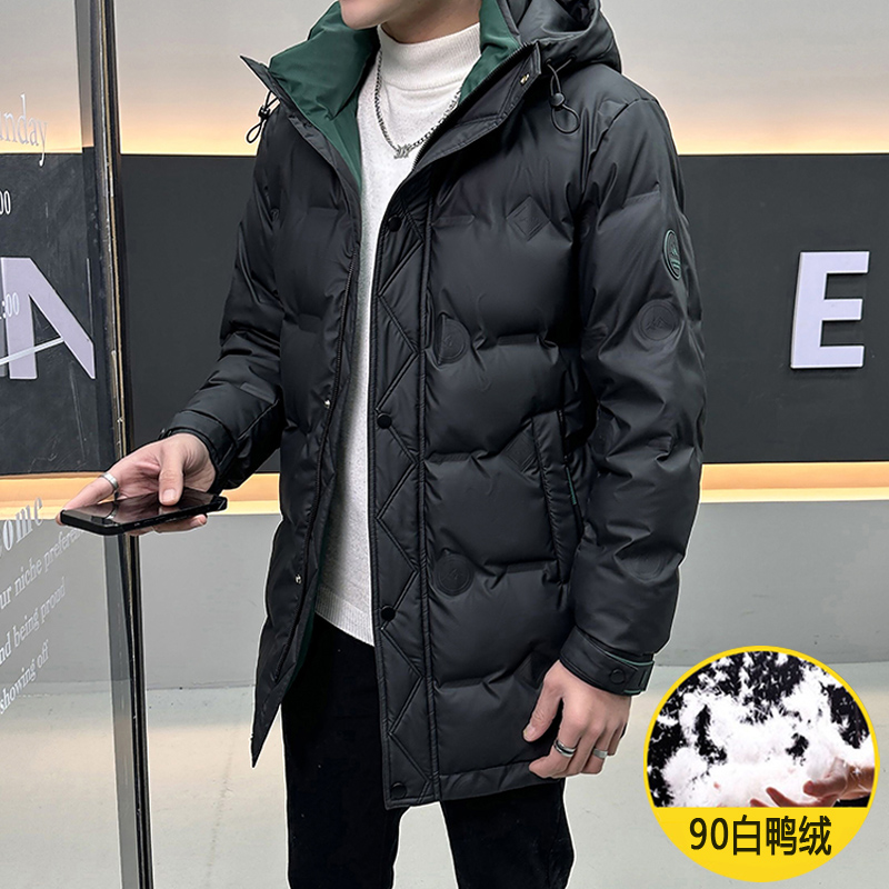 冬季新款男士中长款连帽大码羽绒服白鸭绒潮流保暖中青年拼色外套