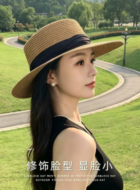 赫本风法式平顶大檐防晒草帽女