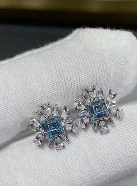 湖蓝色方钻小雏菊耳钉
