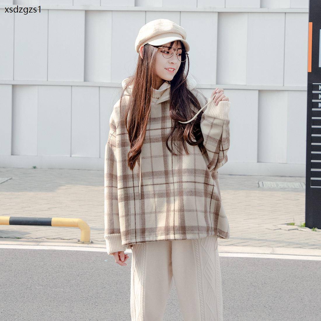 假两件格子加绒加厚卫衣女学生韩版宽松冬季小个子外套高领潮
