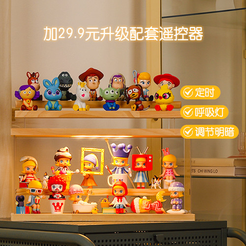 泡泡玛特展示盒盲盒收纳展示架带灯实木手办透明防尘亚克力收纳盒 - 图2