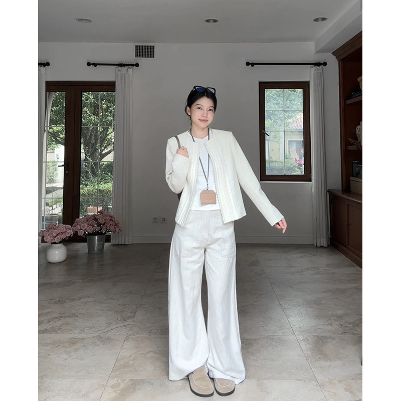 郭九九呢棉气质简约圆领宽松显瘦外套秋季百搭上衣高腰休闲阔腿裤,淘宝优惠券,粉丝福利购,淘宝优惠卷