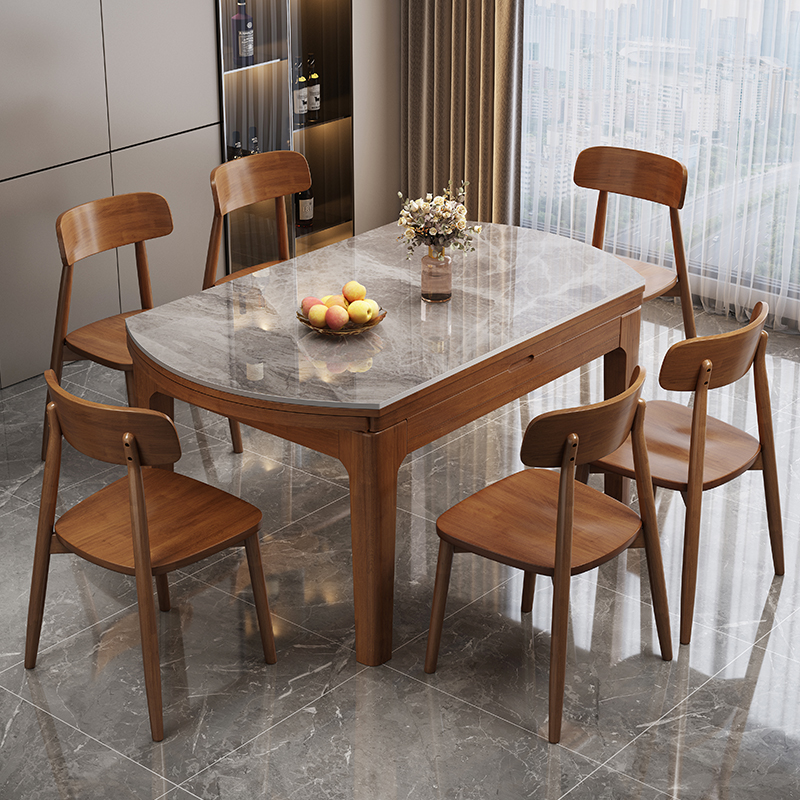 实木岩板餐桌2025新款家用轻奢现代简约可伸缩变圆桌小户型饭桌子 - 图0