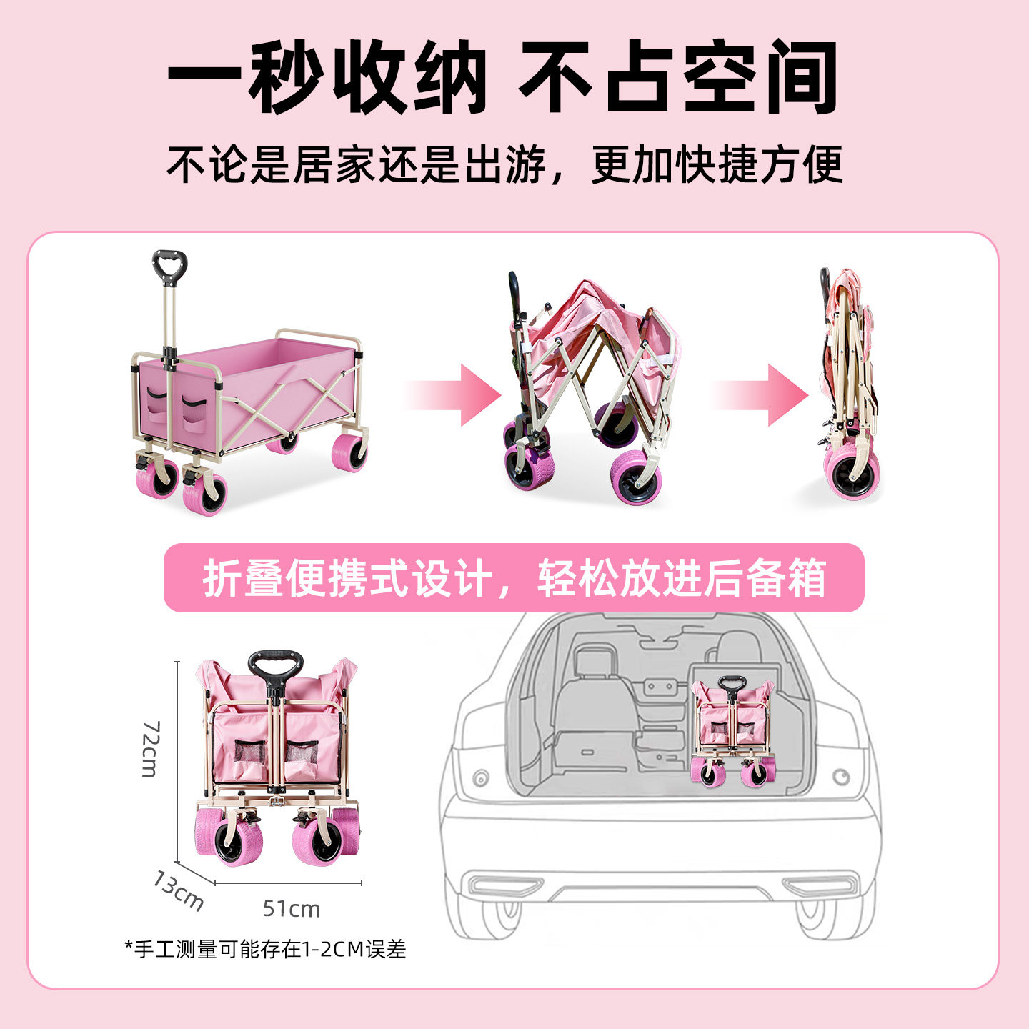户外露营车折叠粉色野餐旅行营地车夜市摆摊小推车野餐野营手推车