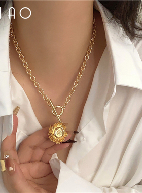 晨曦之光 复古法式设计感ot扣花朵吊坠项链 新潮甜酷个性高级饰品