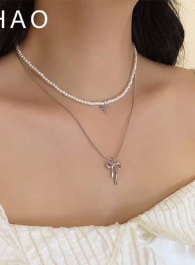 南法假日~超仙银色蝴蝶结叠戴珍珠双层项链 小众轻奢高级感锁骨链