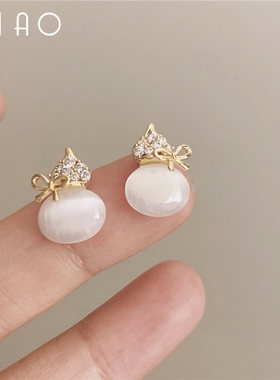 财源滚滚  新中式复古猫眼石玉葫芦镶钻耳饰 金币吊坠高级锁骨链