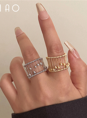 琉璃浅梦 复古金属镂空网面金属小球精致戒指 线条感时尚小众指环