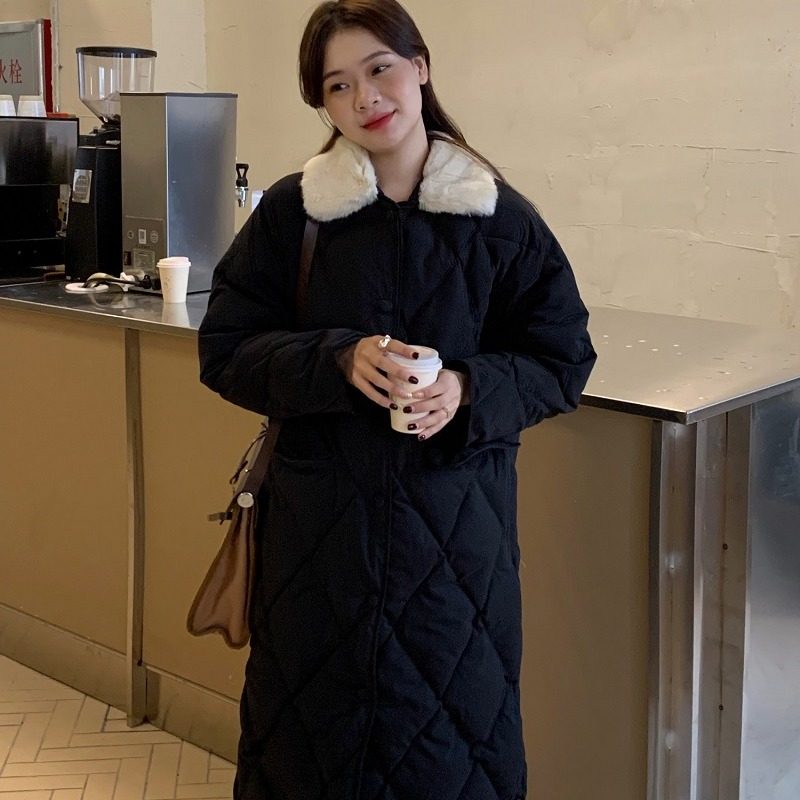 2021冬季简约韩版菱形格毛领棉服 淮慕霏棉衣/棉服