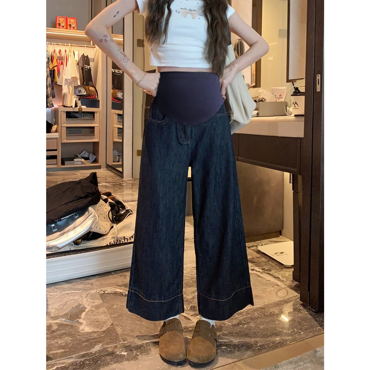 孕妇阔腿牛仔裤子不勒肚子外穿秋冬季加绒加厚2025新款孕期打底裤,淘宝优惠券,粉丝福利购,淘宝优惠卷