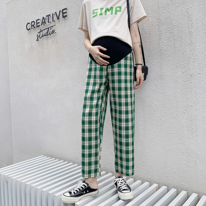 孕妇格子春秋季新款外穿直筒裤子 布衣妈咪孕妇直筒裤