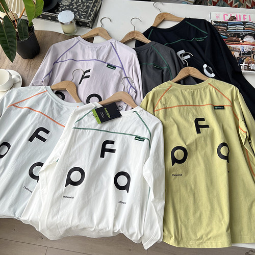 山系户外风 男女情侣款宽松撞色字母线条刺绣连肩膀长袖运动T恤 - 图0