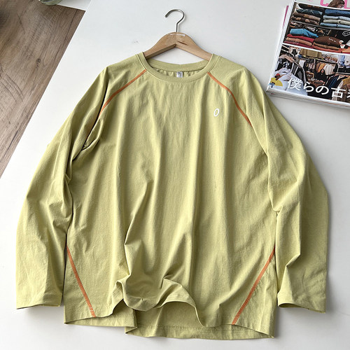 山系户外风 男女情侣款宽松撞色字母线条刺绣连肩膀长袖运动T恤 - 图2