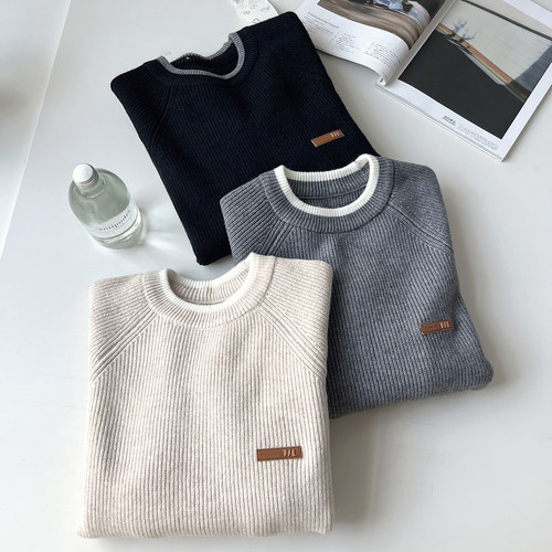 日系复古粗棒针 秋冬男士慵懒蓬松保暖圆领套头毛衣针织衫 - 图1