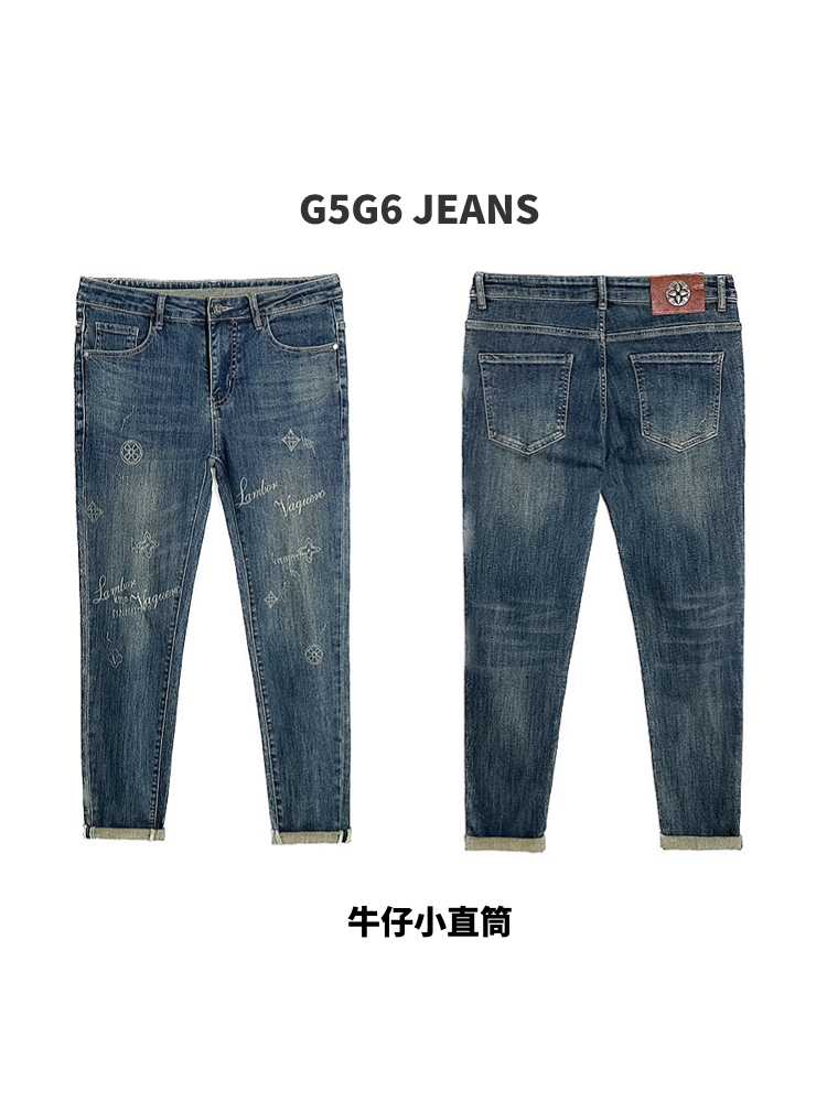 G5G5男士复古洗水印花磨砂蓝色牛仔小直筒长裤时尚潮流2023秋新品