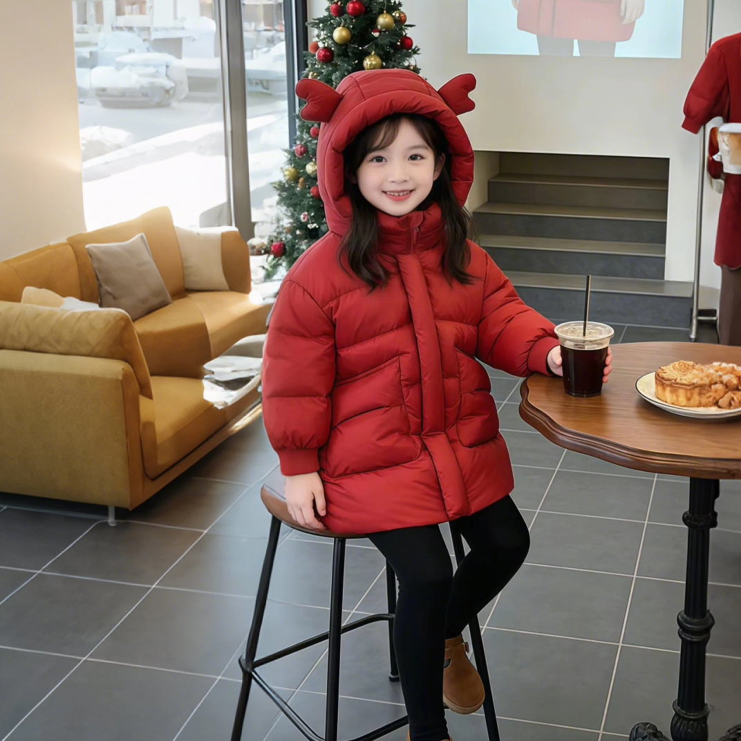 女童秋纯色棉服外套2026新款龙角长款连帽棉服女孩加厚保暖棉外套,淘宝优惠券,粉丝福利购,淘宝优惠卷
