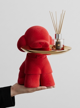 红色小象毛绒收纳托盘摆件