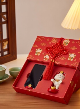 招财猫新年红色绒绳流苏礼盒摆件