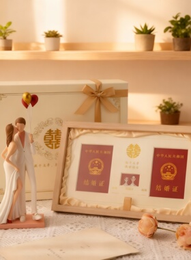 木质双喜字结婚证相框摆件
