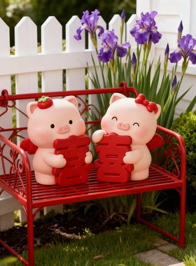 婚礼红色喜字小猪情侣摆件