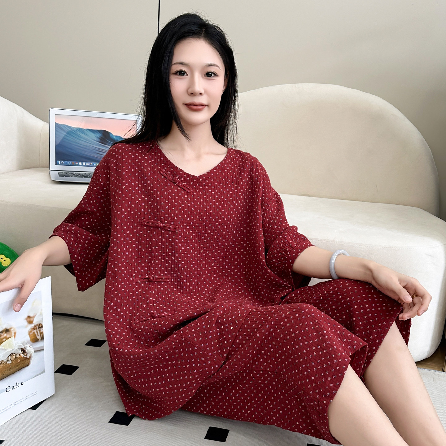 新中式夏季睡衣女大码200斤胖mm双层棉纱国风盘扣短袖家居服套装,淘宝优惠券,粉丝福利购,淘宝优惠卷