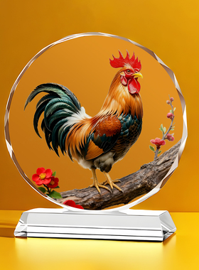 水晶招财大红公鸡摆件吉祥物高档