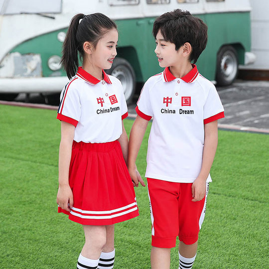 幼儿园园服夏装小学生班服夏季校服中国红一年级儿童演出运动套装