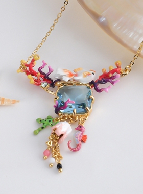 24新款原创设计师手绘珐琅釉彩金鱼系列水晶珊瑚海马项链唯美礼物