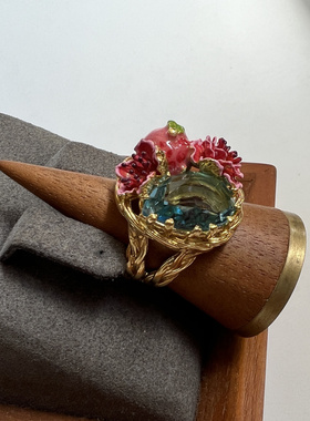 法国原创设计新款石榴花海蓝宝珐琅釉彩戒指送女友精致高雅