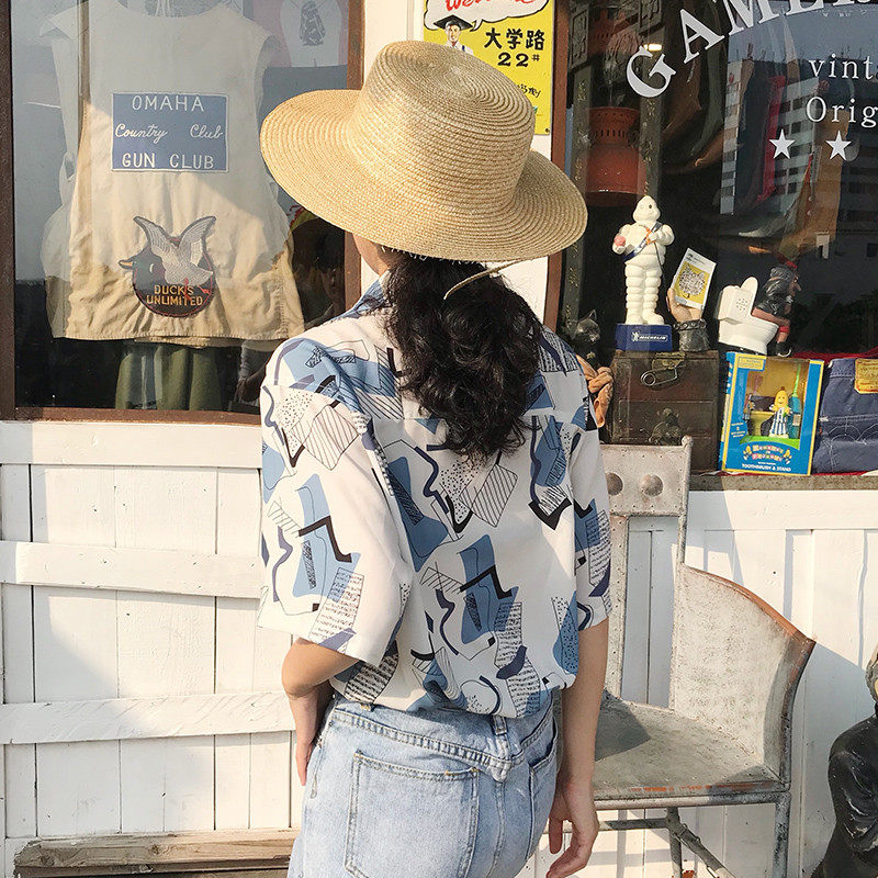 港风复古印花短袖2020夏季韩版衬衣 薇彩蔓蕾丝衫/雪纺衫