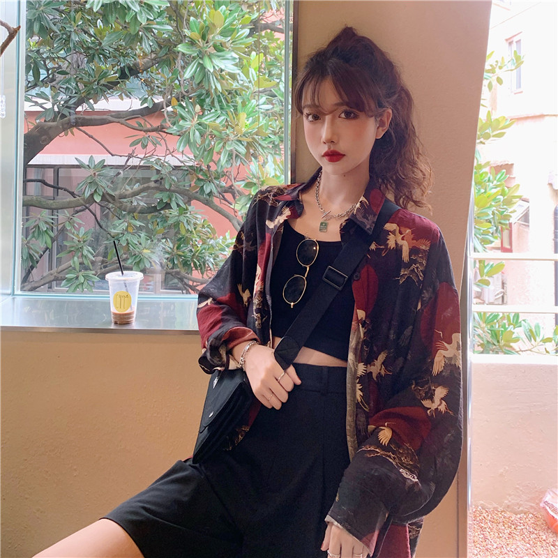 日系仙鹤印花长袖2021秋季新款衬衫 薇彩蔓衬衫