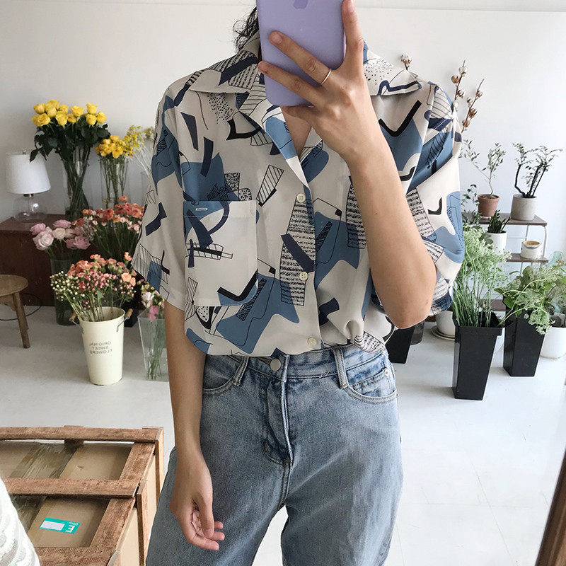 港风复古印花短袖2020夏季韩版衬衣 薇彩蔓蕾丝衫/雪纺衫