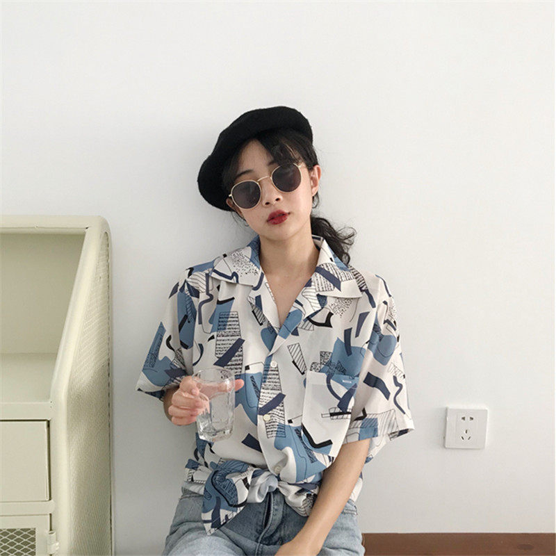 港风复古印花短袖2020夏季韩版衬衣 薇彩蔓蕾丝衫/雪纺衫