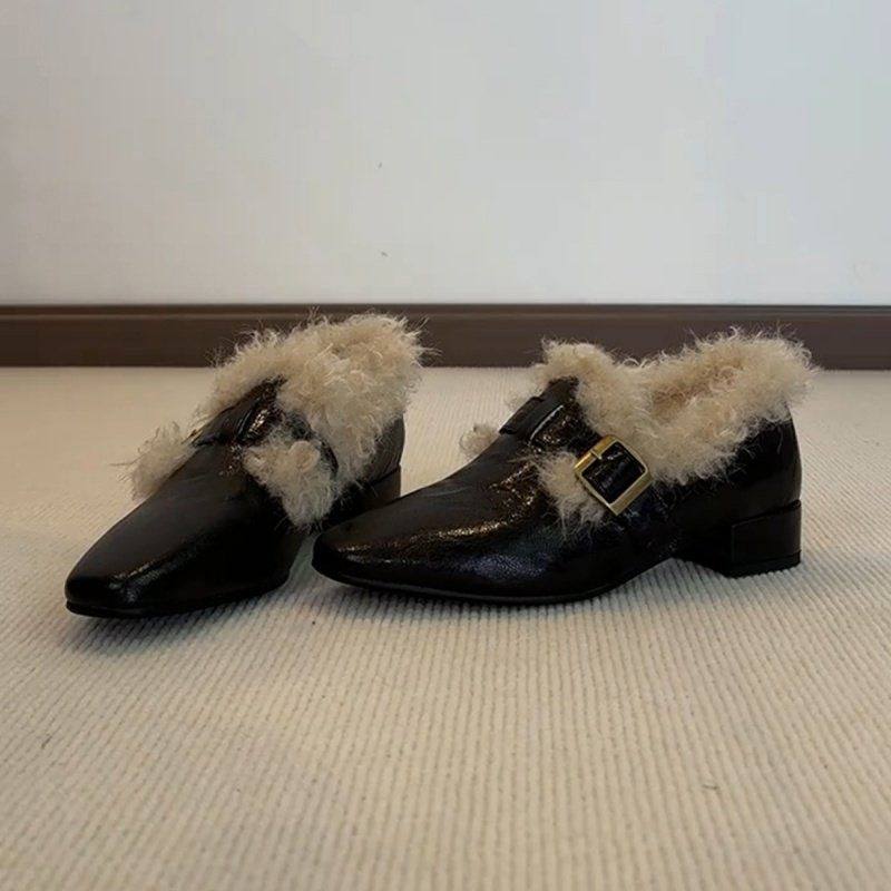 软皮版法式加绒保暖毛毛单鞋女2025一脚蹬棉鞋方头粗跟通勤小皮鞋,淘宝优惠券,粉丝福利购,淘宝优惠卷