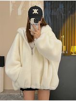 2023 Autumn Winter New Plus Cotton Thickened Jacket Woman Loose Korean version Lianhood Clothing Imitation Rabbit Fur Fur Pure Blouse