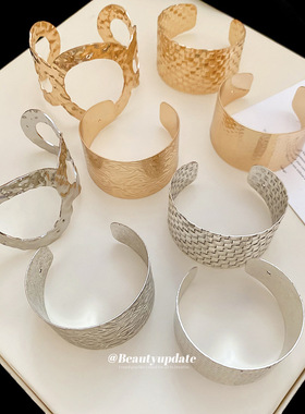 不规则几何圆形褶皱方形开口手镯欧美金属感手环小众设计感手饰女