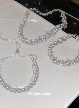 施家珍珠曼塔玫瑰锆石串珠花形项链优雅气质锁骨链轻奢高级感颈链