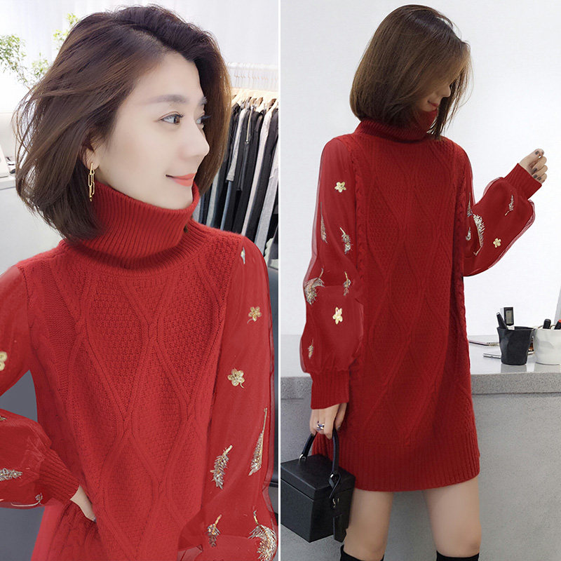 红色高领气质针织裙子欧货2022毛衣 娇奴姬连衣裙