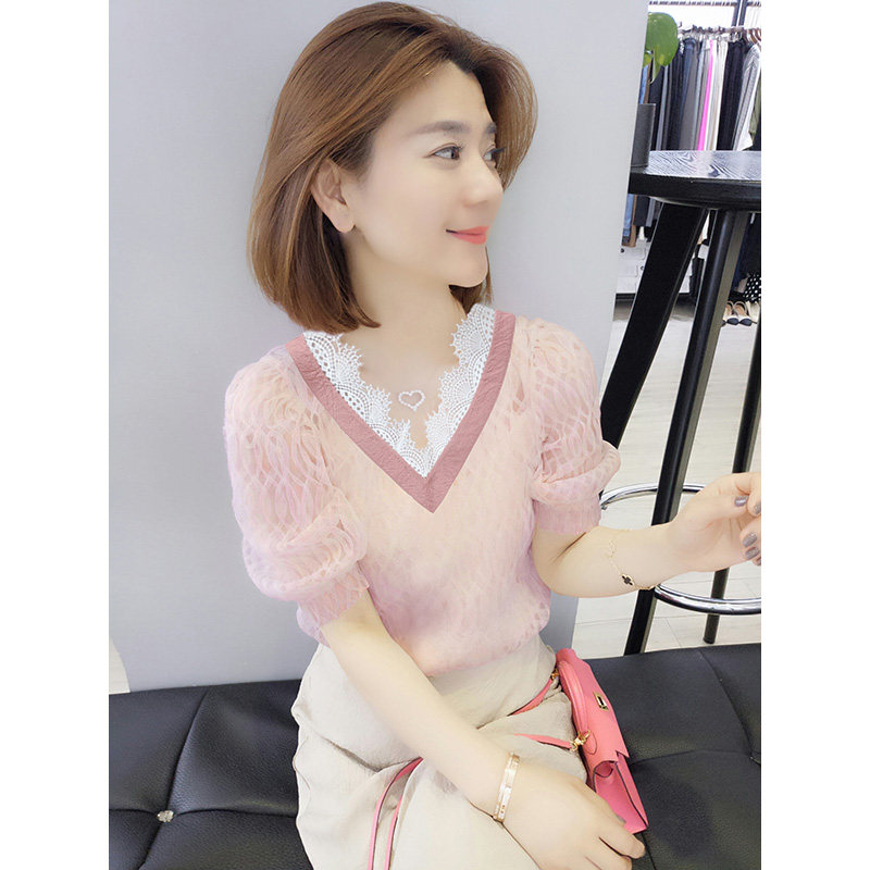 洋气粉色短袖v领休闲蕾丝2020衬衫 娇奴姬衬衫