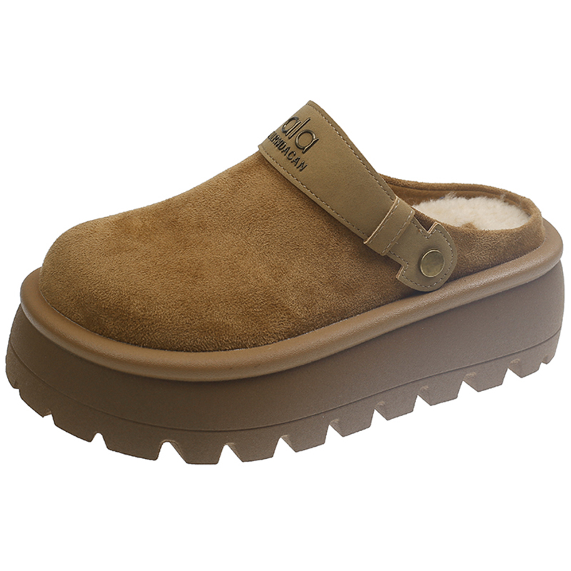 厚底加绒勃肯棉拖鞋女2025秋冬新款外穿百搭增高一脚蹬包头半拖鞋 - 图3