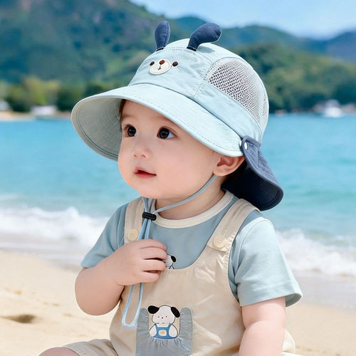 宝宝防晒帽春夏季婴幼儿遮阳渔夫帽大帽檐薄款可拆卸男女童太阳帽 - 图2