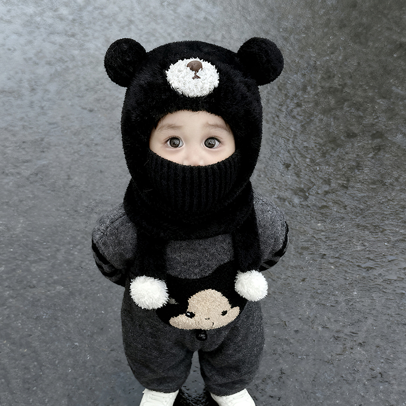 一捏会叫宝宝帽子围脖口罩一体护耳帽秋冬保暖男女儿童套头小熊帽 - 图3