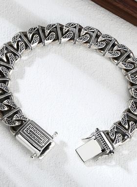 小众银饰男士925纯银手链国陨石坑古巴手链潮流泰银复古粗宽手环