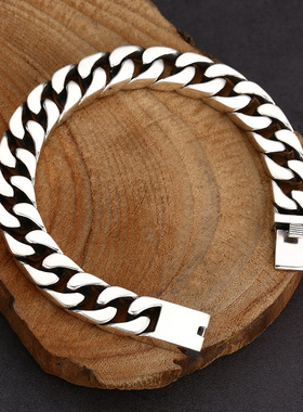 小众银饰925纯银男女款国风潮简约光面古巴手链泰银复古手环手链