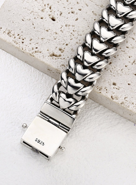 小众银饰925纯银霸气粗款坦克手链男女泰银复古做旧手环手镯手链