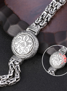 小众银饰925纯银复古做旧男士转动六字真言手链粗款宽版泰银手环