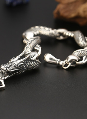 小众银饰男士S925纯银手链饰品复古潮流手环链泰银霸气神龙手链