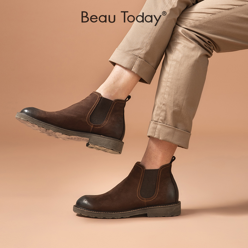 BeauToday切尔西靴男款中高帮工装马丁靴低帮软皮英伦皮鞋冬加绒 - 图1