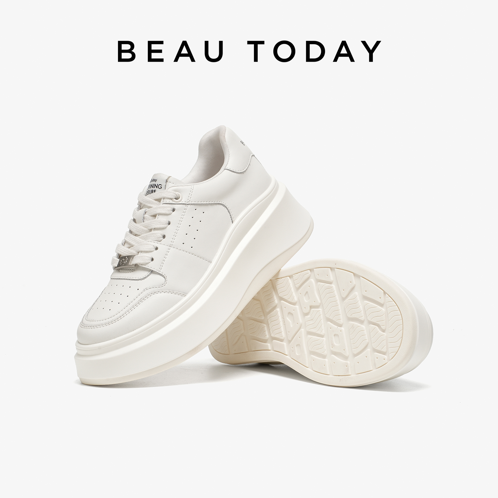 「男女同款」BeauToday厚底老爹鞋男高级感增高小白鞋真皮休闲鞋 - 图1